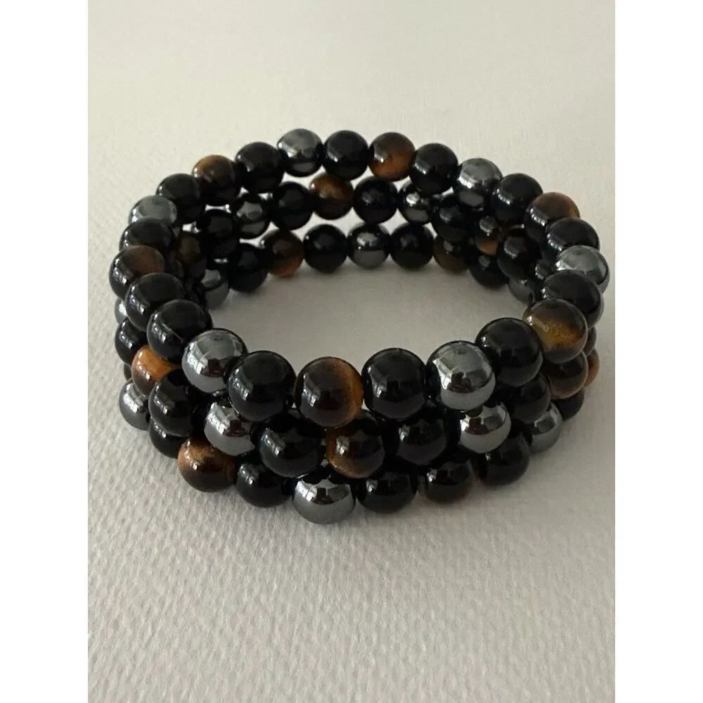 Set of 3 Tiger’s Eye Pattern and Hematite Finish Stretch Bracelets